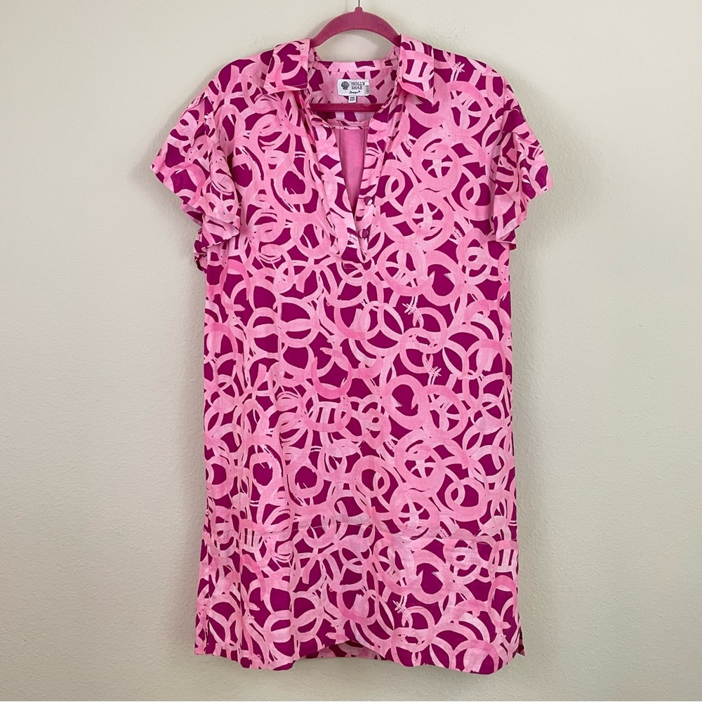 Holly Shae Pink Patterned Ruffle Sleeves Cotton Shift Dress One Size - Picture 9 of 9